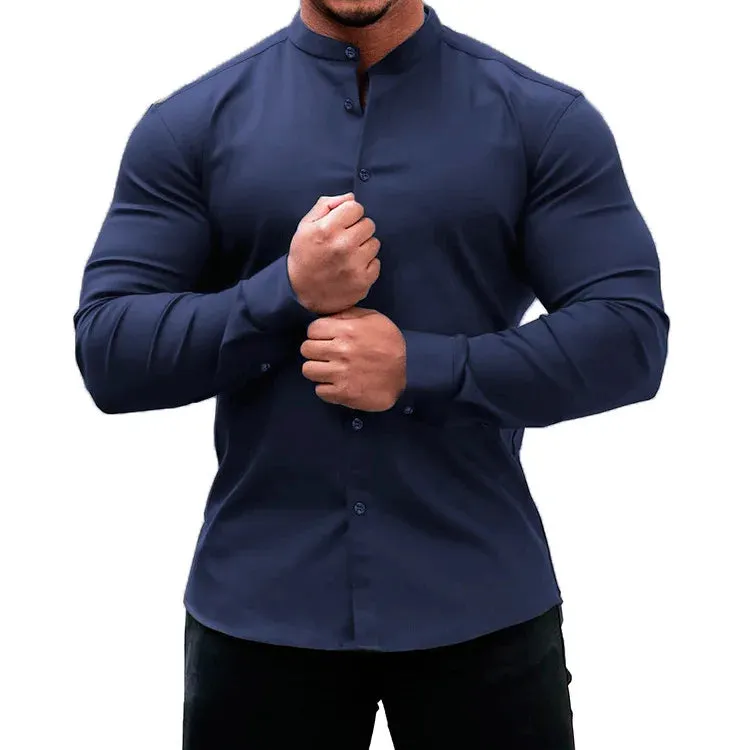 Men's Slim Fit Micro-elastic Long Sleeve Comfortable Versatile Stand Collar Tops Men Dress Shirt