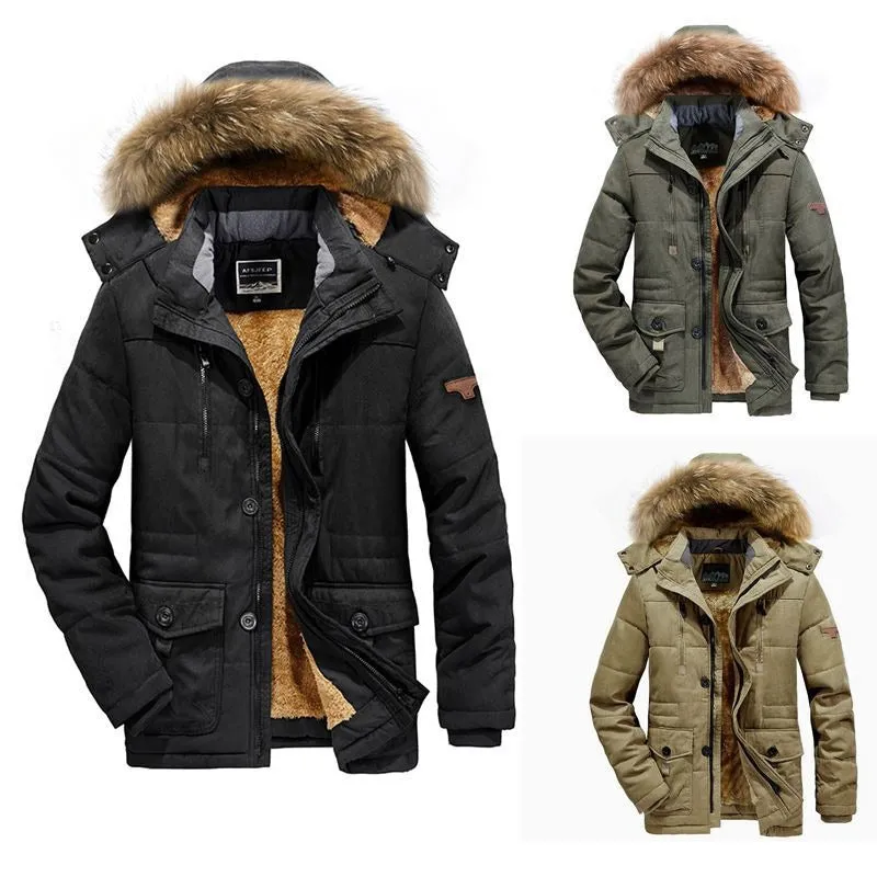 Men's Warm Windproof Hooded Polyester Parka Jacket
