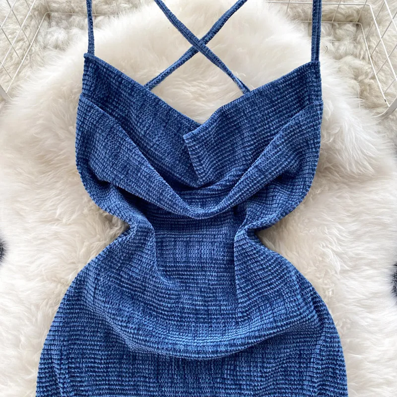 Navy Blue X-line Knitted Slip Dress