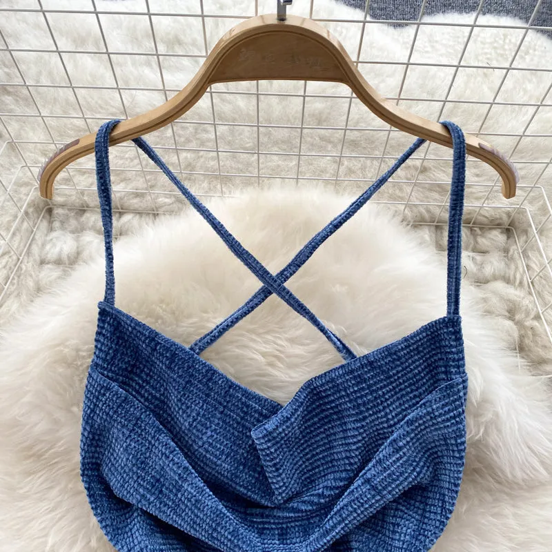 Navy Blue X-line Knitted Slip Dress
