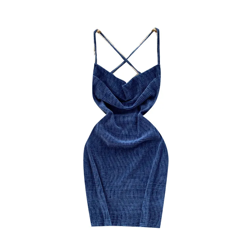 Navy Blue X-line Knitted Slip Dress