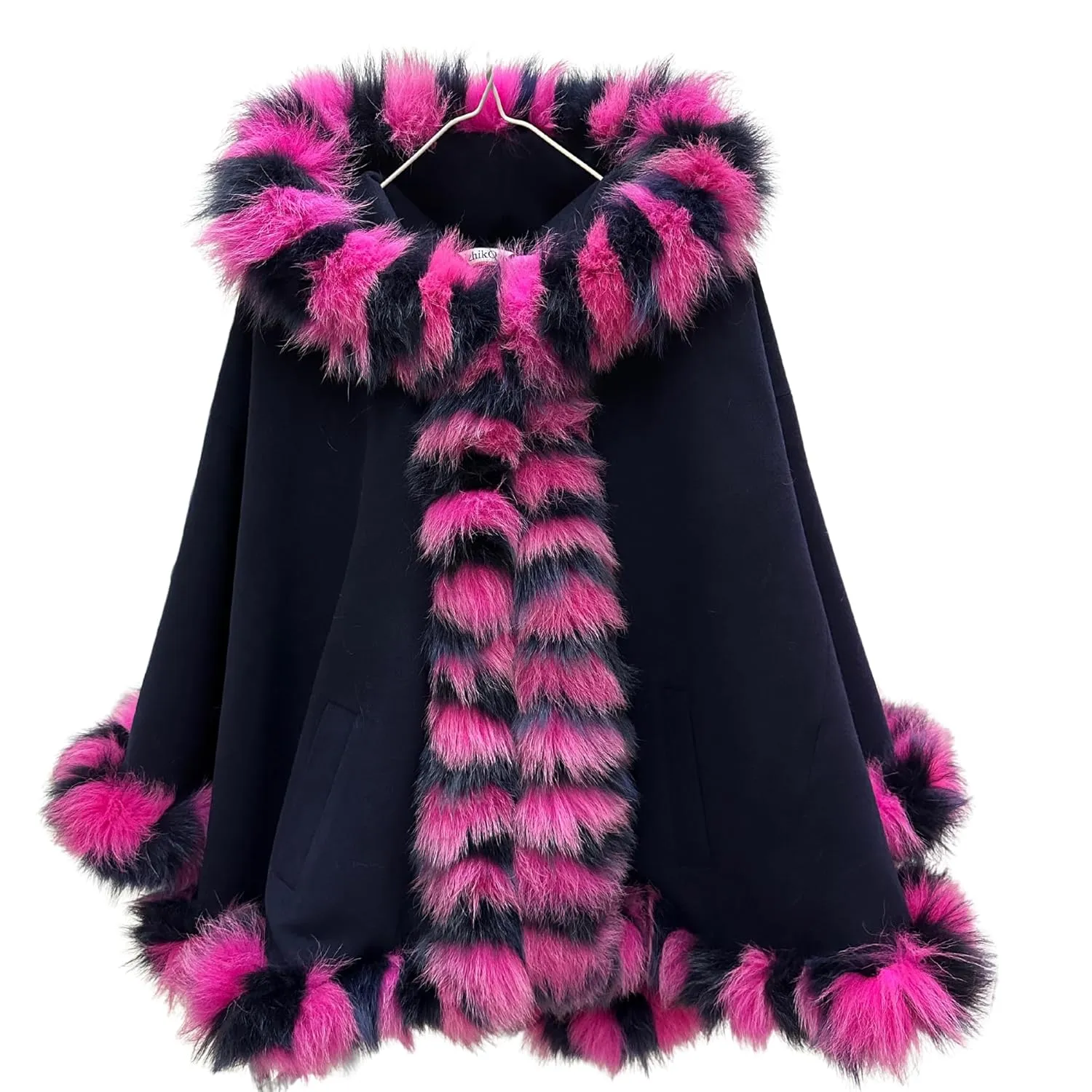Navy Women Winter Coat Cape Trim Fox Fur