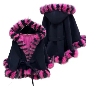 Navy Women Winter Coat Cape Trim Fox Fur