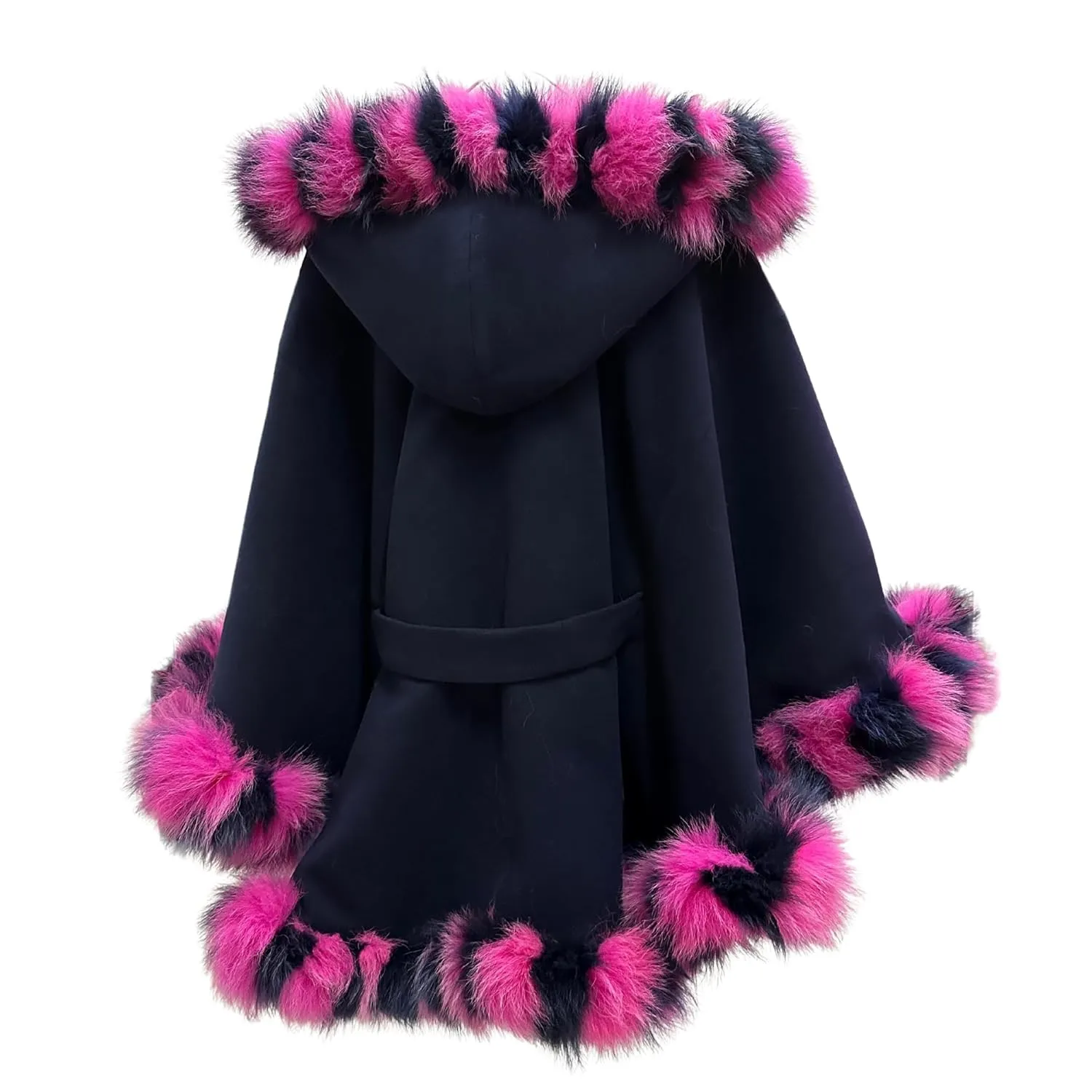 Navy Women Winter Coat Cape Trim Fox Fur