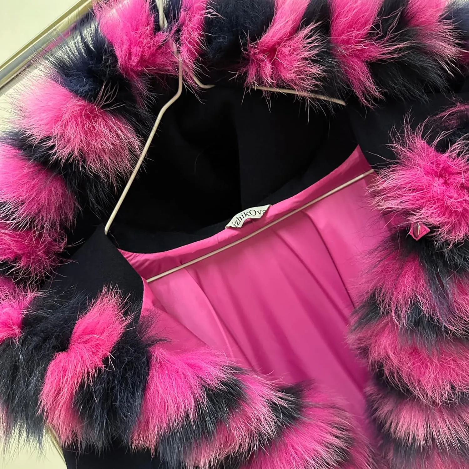 Navy Women Winter Coat Cape Trim Fox Fur
