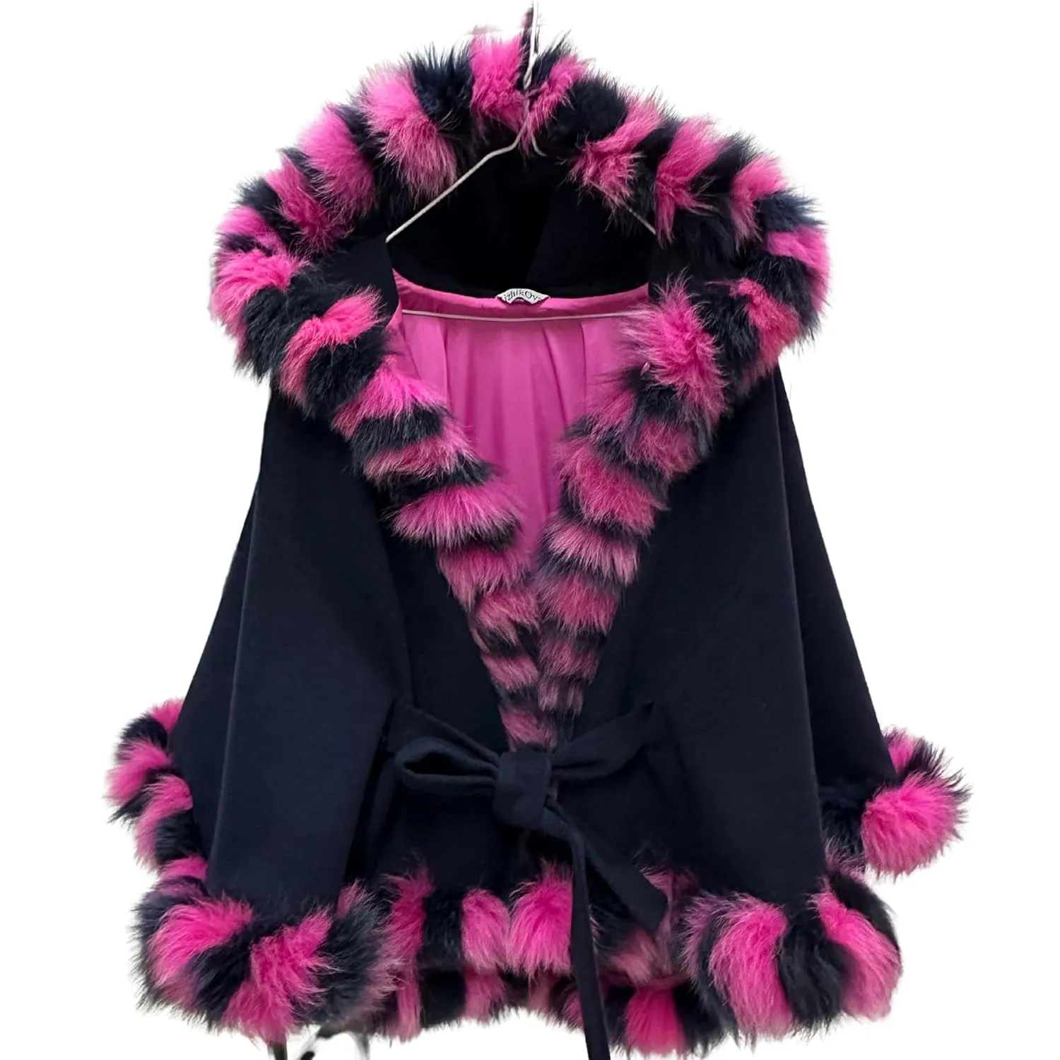 Navy Women Winter Coat Cape Trim Fox Fur