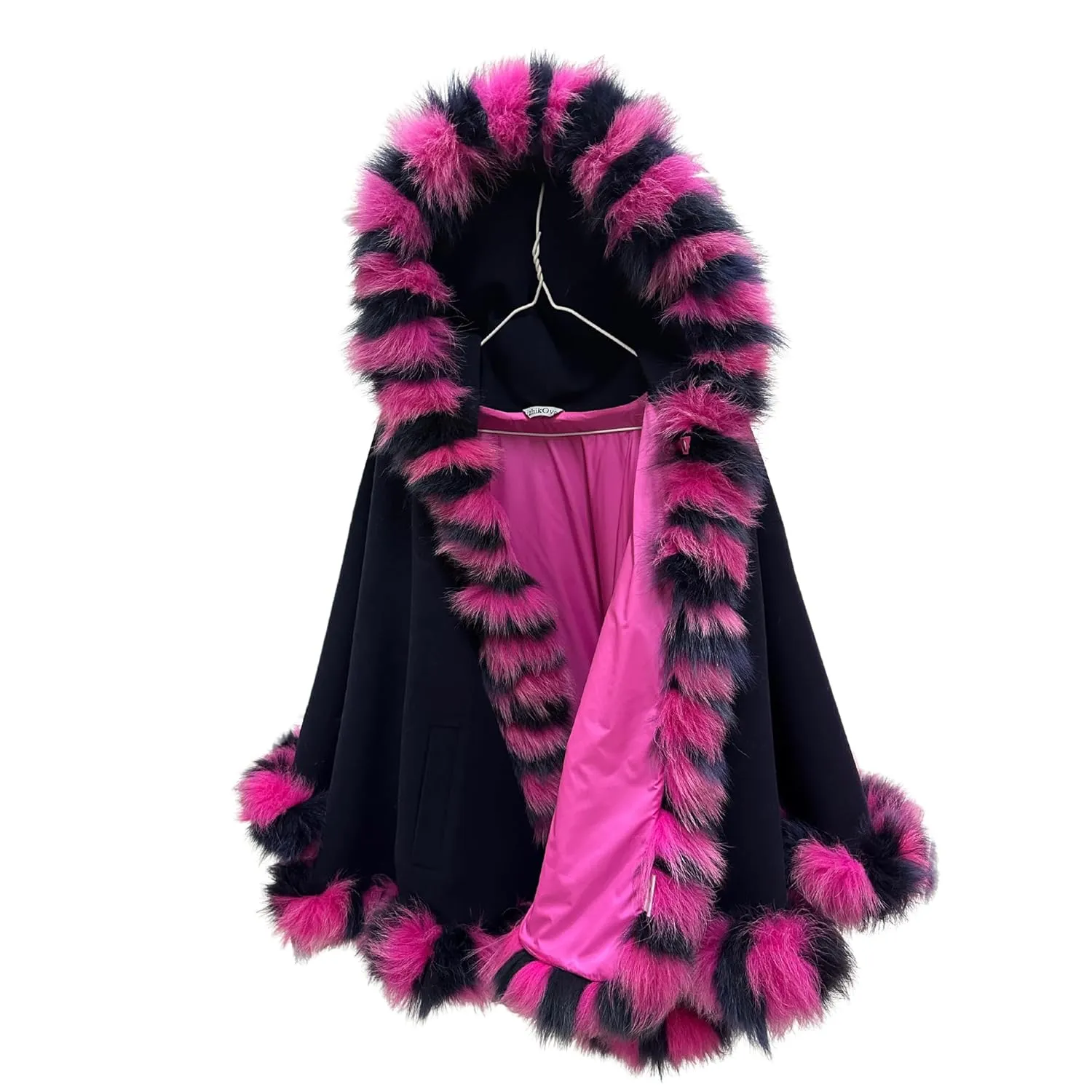 Navy Women Winter Coat Cape Trim Fox Fur