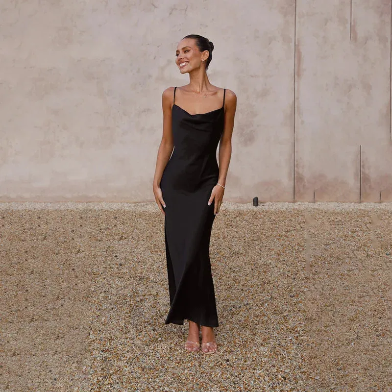 New Spaghetti Strap Maxi Dress - Pure Color - Slim Fit