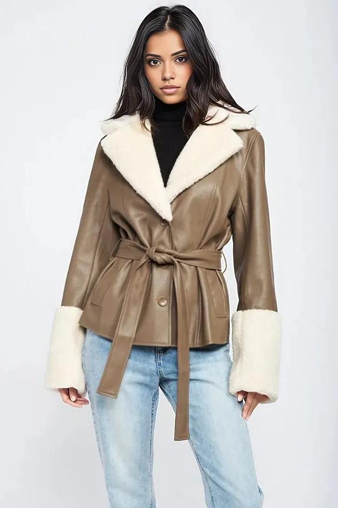 Noemi Belted Shearling Trim Vegan Leather Jacket