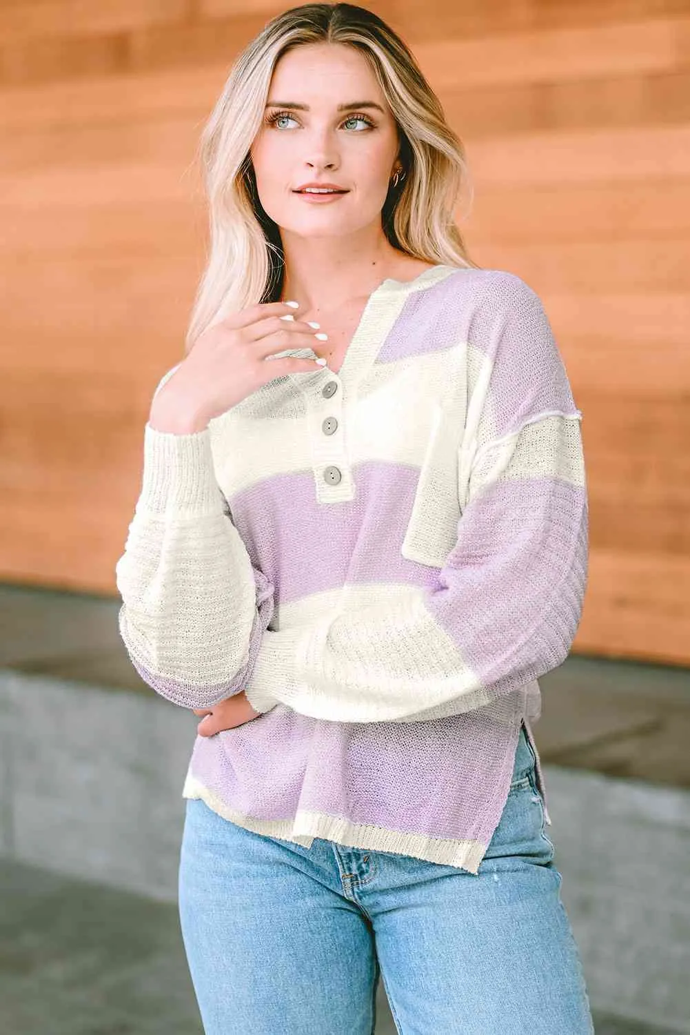 Notched Neck Color Block Dropped Shoulder Knit Top
