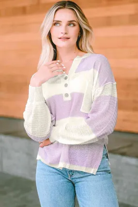 Notched Neck Color Block Dropped Shoulder Knit Top