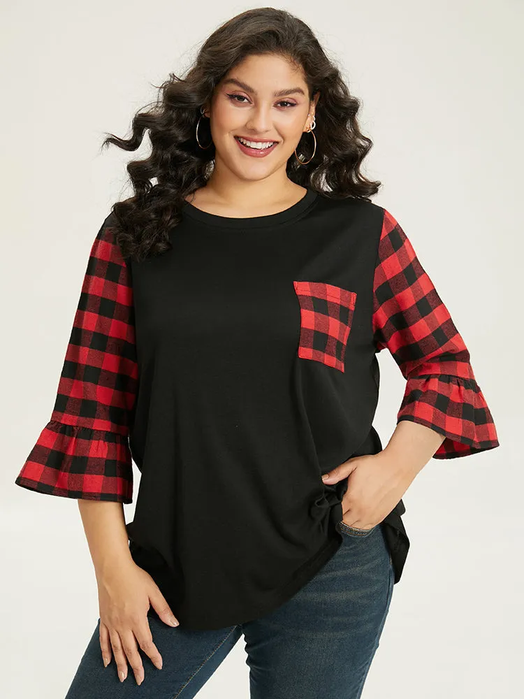 Plaid Patched Pocket Patchwork Contrast Bell Sleeve T-shirt
