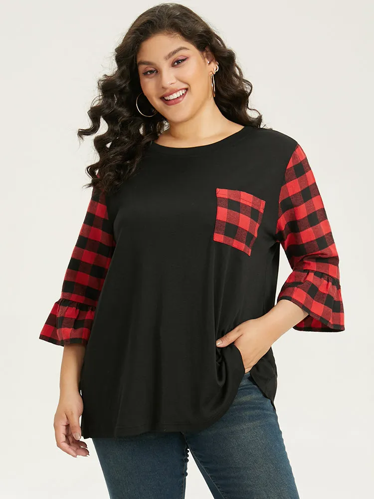 Plaid Patched Pocket Patchwork Contrast Bell Sleeve T-shirt