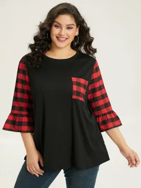 Plaid Patched Pocket Patchwork Contrast Bell Sleeve T-shirt