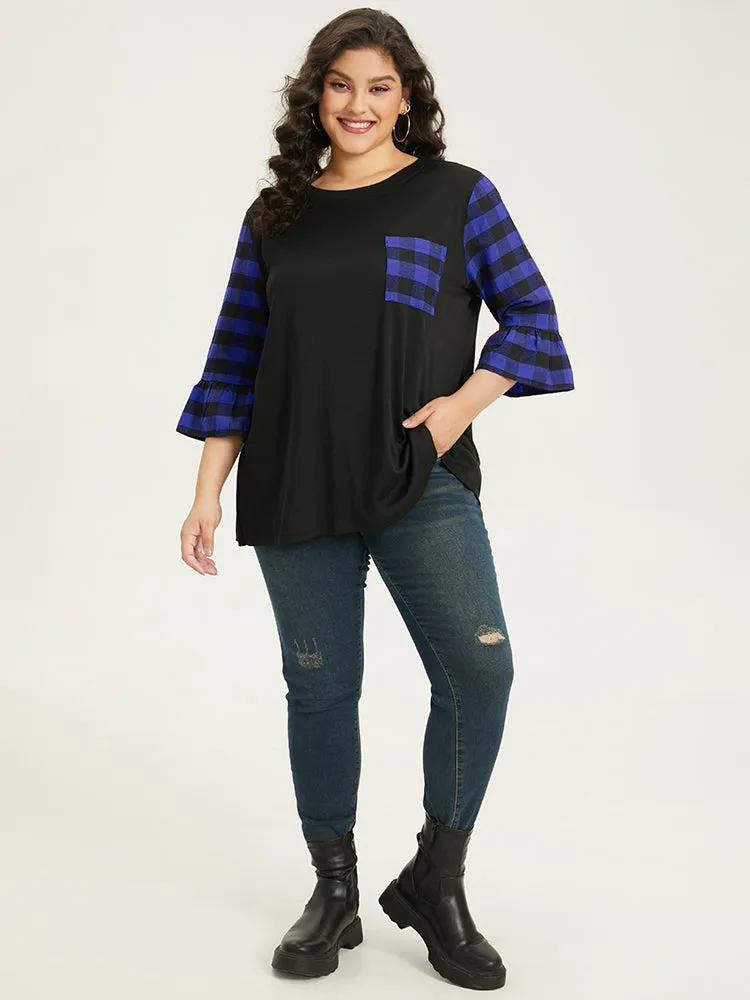 Plaid Patched Pocket Patchwork Contrast Bell Sleeve T-shirt