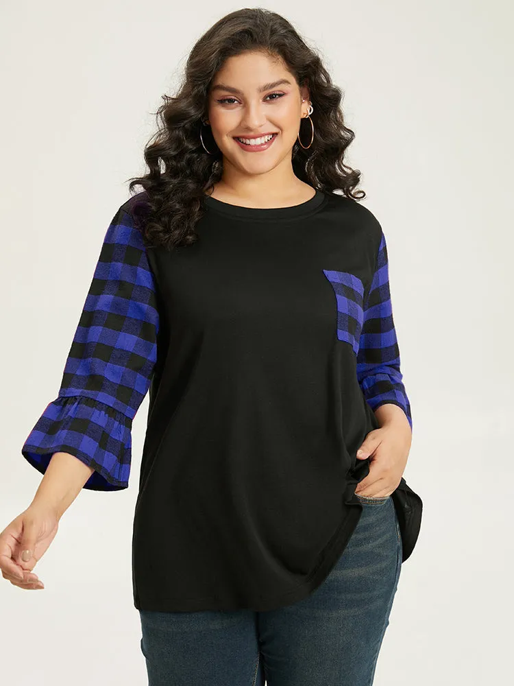 Plaid Patched Pocket Patchwork Contrast Bell Sleeve T-shirt