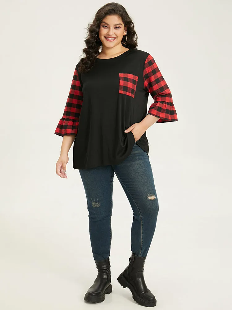 Plaid Patched Pocket Patchwork Contrast Bell Sleeve T-shirt