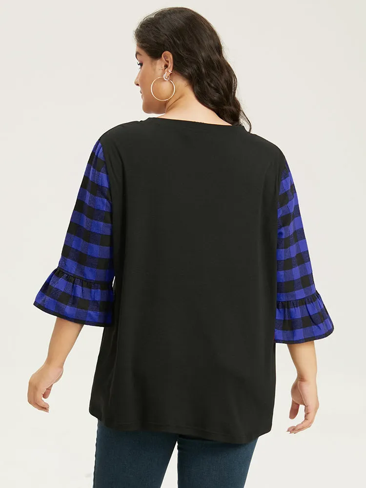 Plaid Patched Pocket Patchwork Contrast Bell Sleeve T-shirt