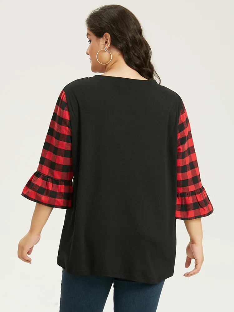 Plaid Patched Pocket Patchwork Contrast Bell Sleeve T-shirt