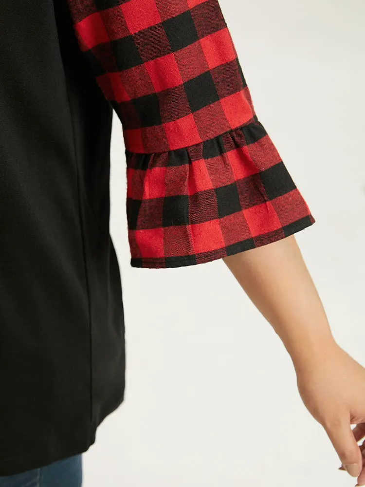 Plaid Patched Pocket Patchwork Contrast Bell Sleeve T-shirt