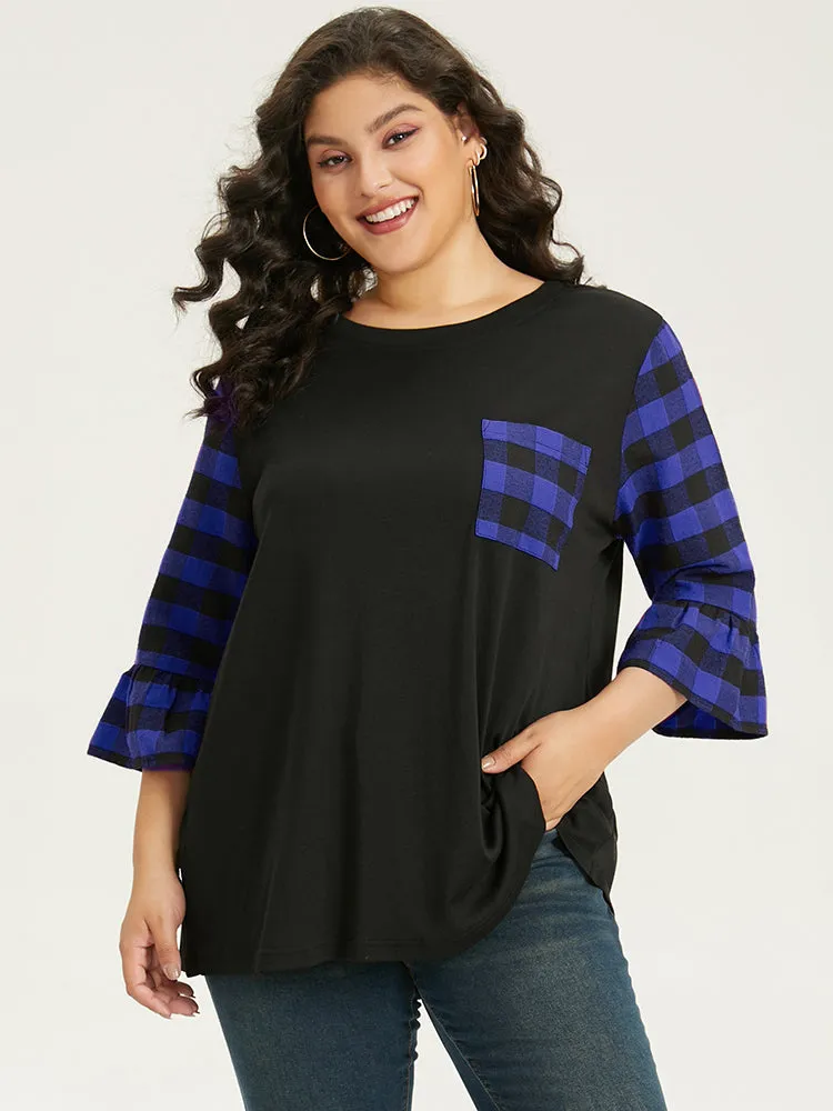 Plaid Patched Pocket Patchwork Contrast Bell Sleeve T-shirt