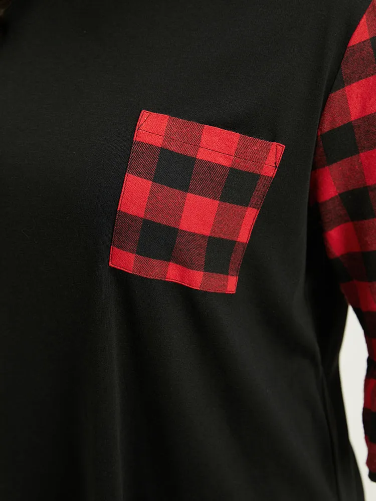 Plaid Patched Pocket Patchwork Contrast Bell Sleeve T-shirt