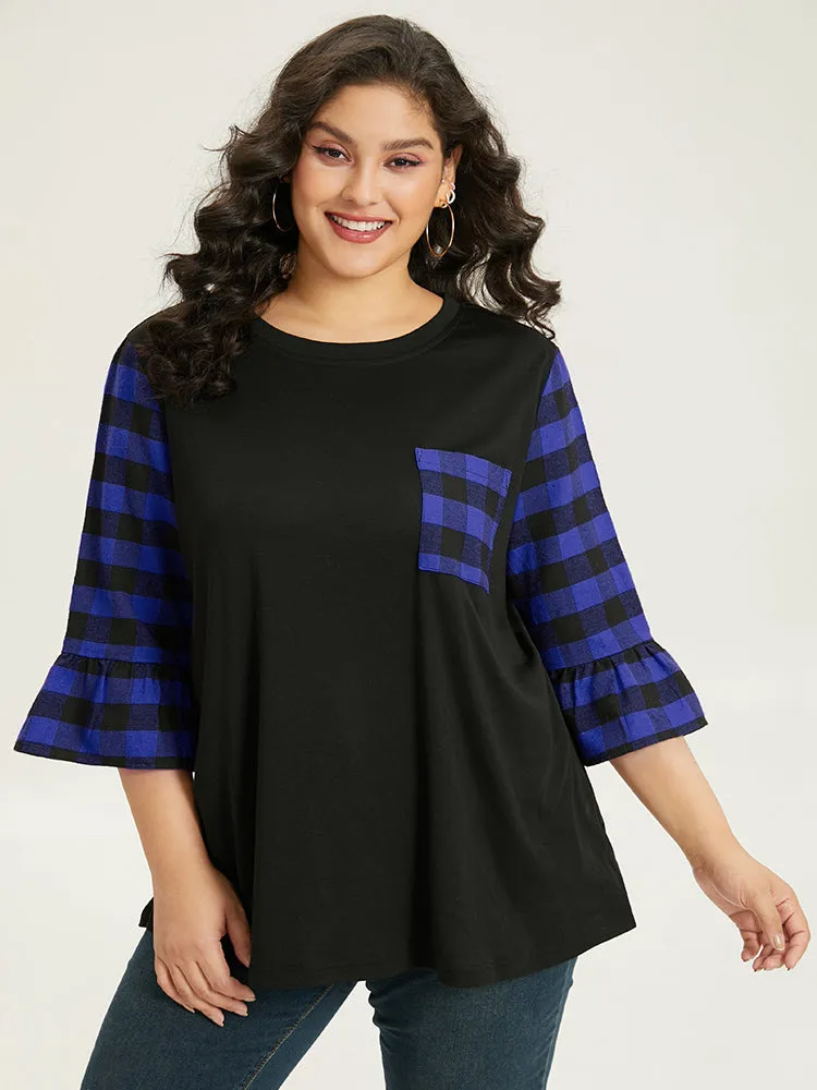 Plaid Patched Pocket Patchwork Contrast Bell Sleeve T-shirt