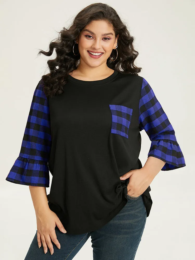 Plaid Patched Pocket Patchwork Contrast Bell Sleeve T-shirt