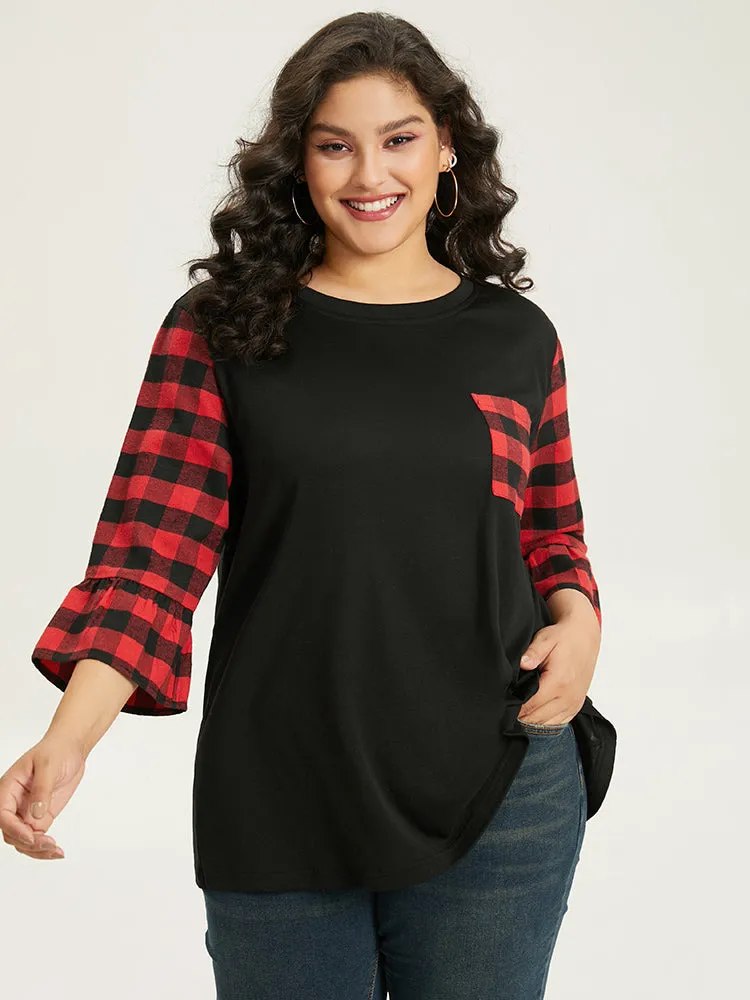 Plaid Patched Pocket Patchwork Contrast Bell Sleeve T-shirt