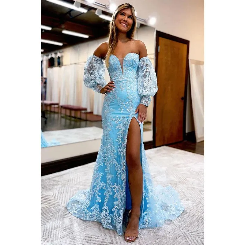 Plunging V-neck Exquisite Lace Prom Dress with Sleeves