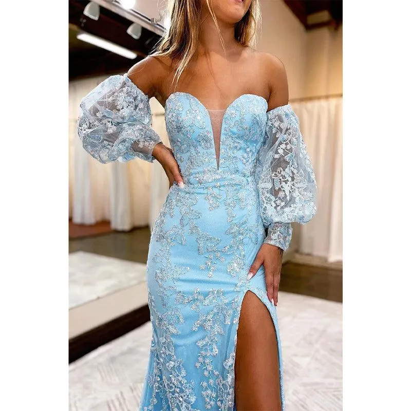 Plunging V-neck Exquisite Lace Prom Dress with Sleeves