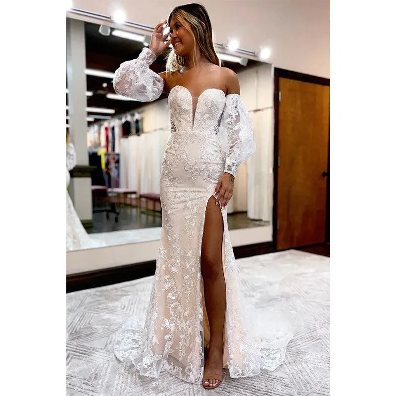 Plunging V-neck Exquisite Lace Prom Dress with Sleeves