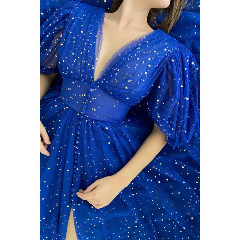 Plunging V-neck Half Sleeves Sparkly Formal Dress with Slit