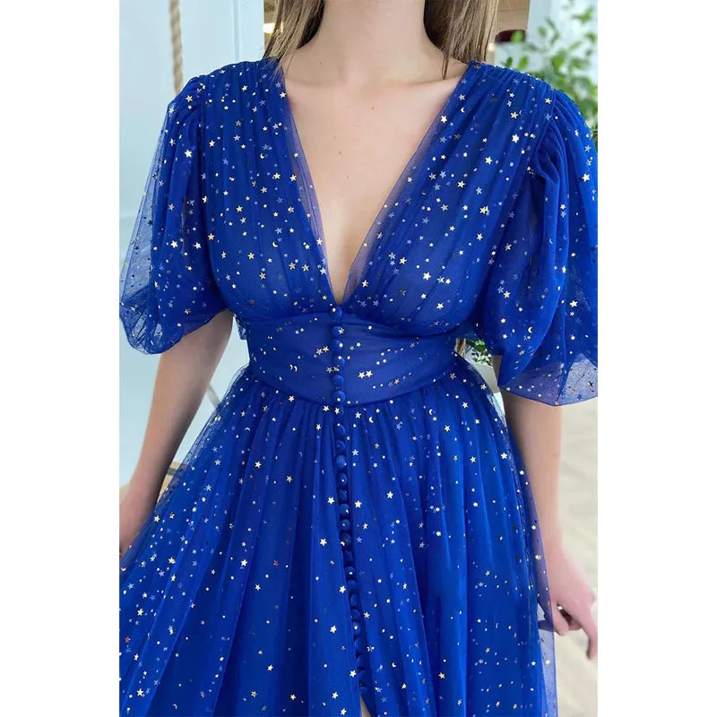 Plunging V-neck Half Sleeves Sparkly Formal Dress with Slit