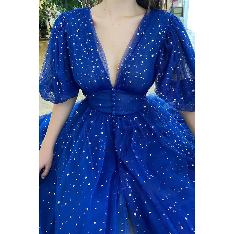 Plunging V-neck Half Sleeves Sparkly Formal Dress with Slit