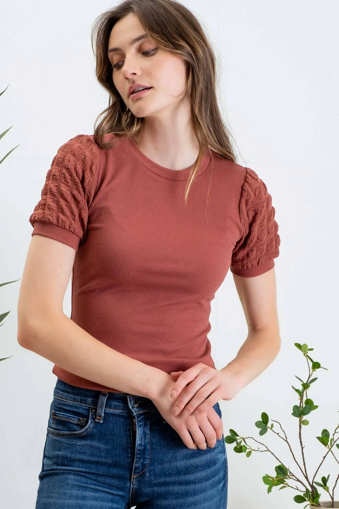 Popcorn Sleeve Knit Top
