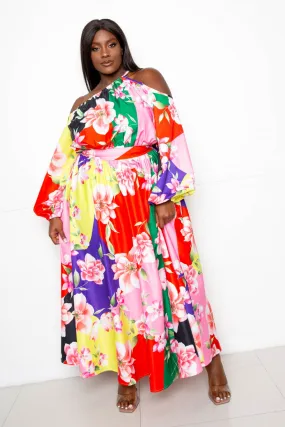PRINTED ASYMMETRIC COLD SHOULDER DRESS