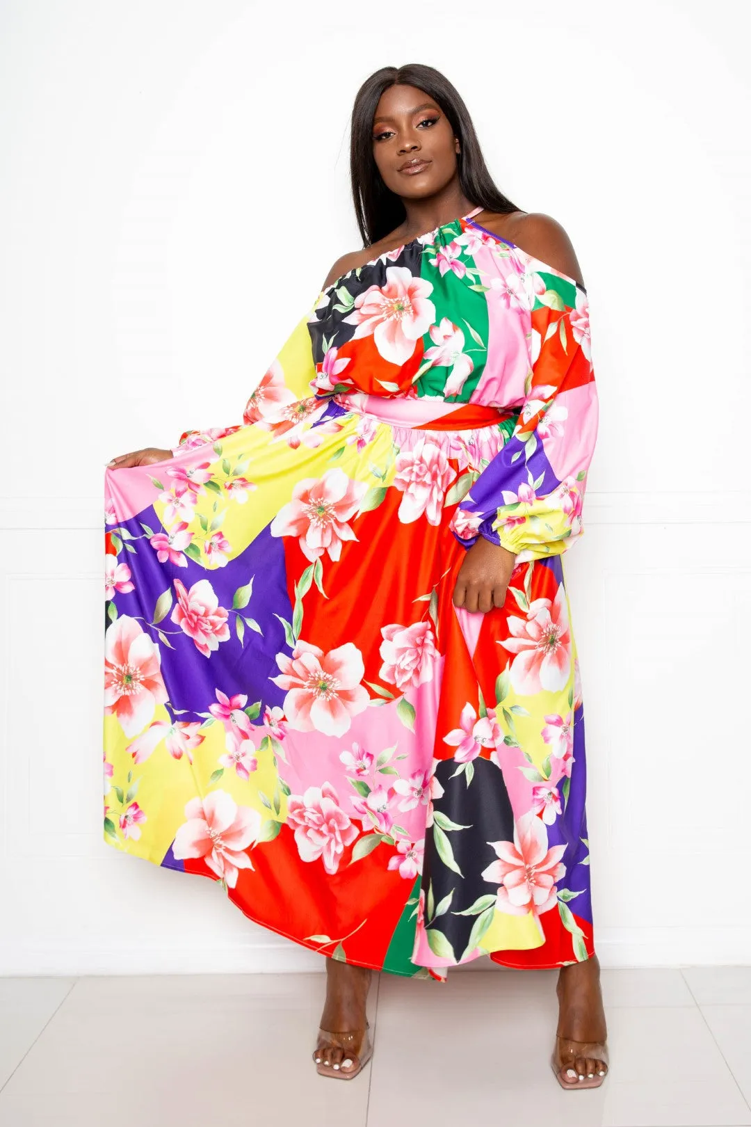 PRINTED ASYMMETRIC COLD SHOULDER DRESS