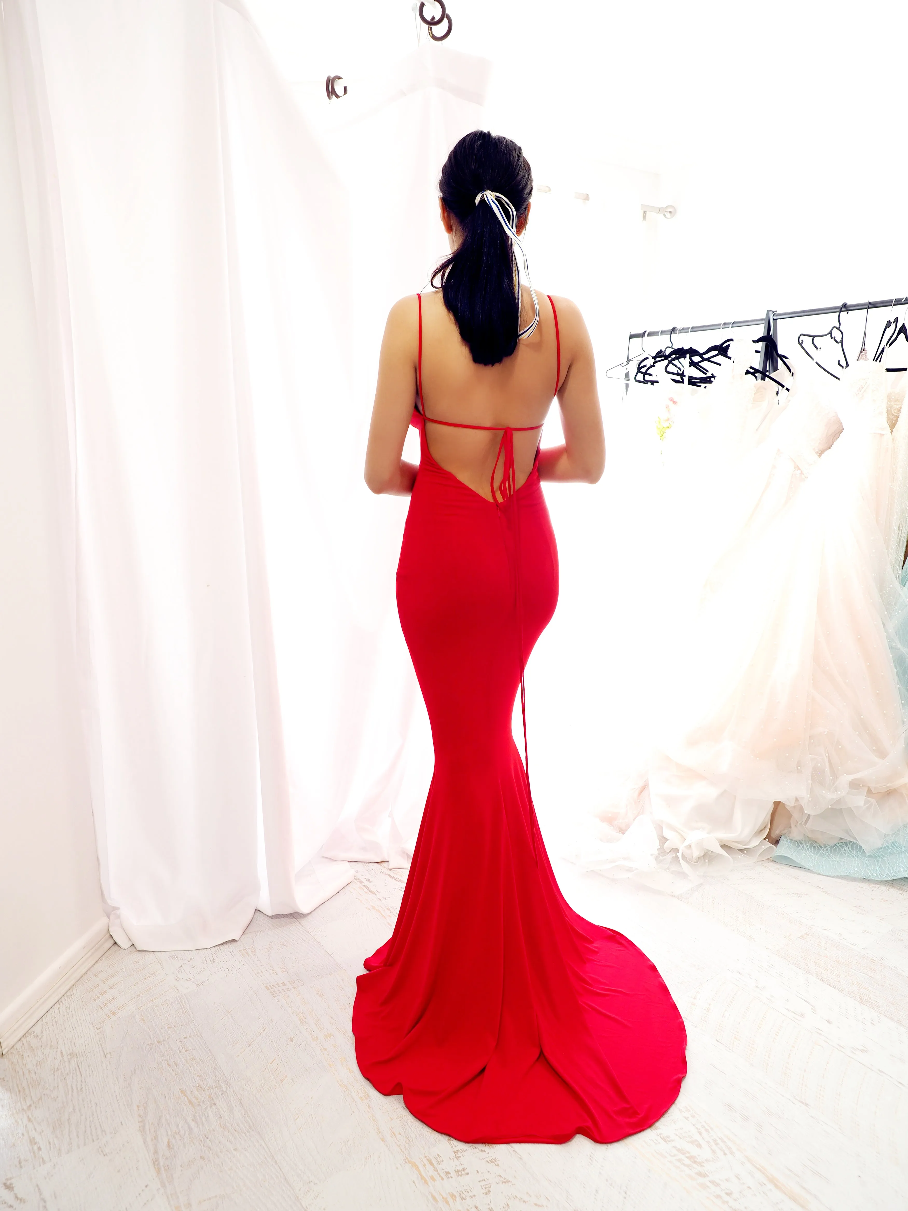 Red cowl neck bright red dress with strap back