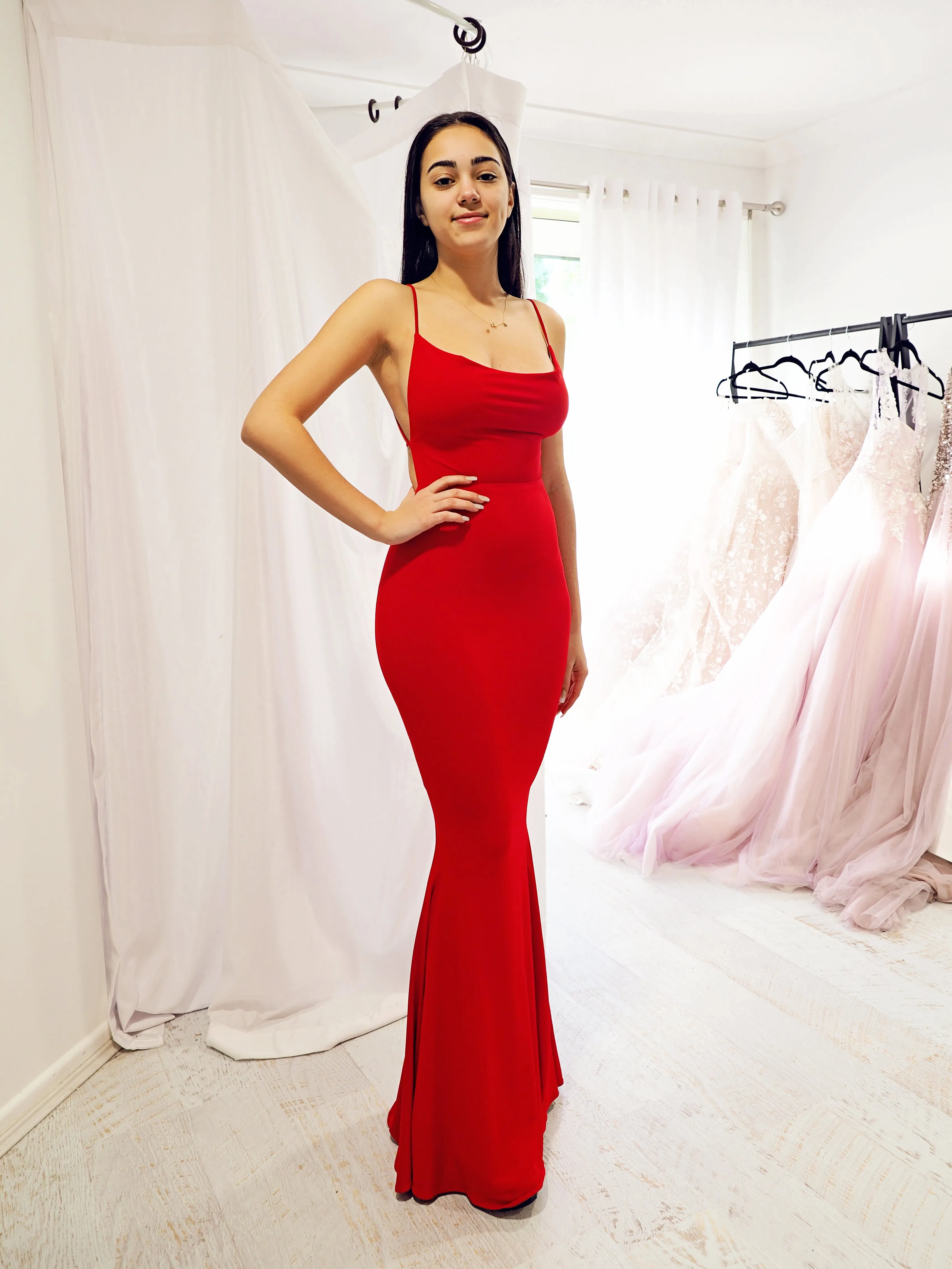 Red cowl neck bright red dress with strap back