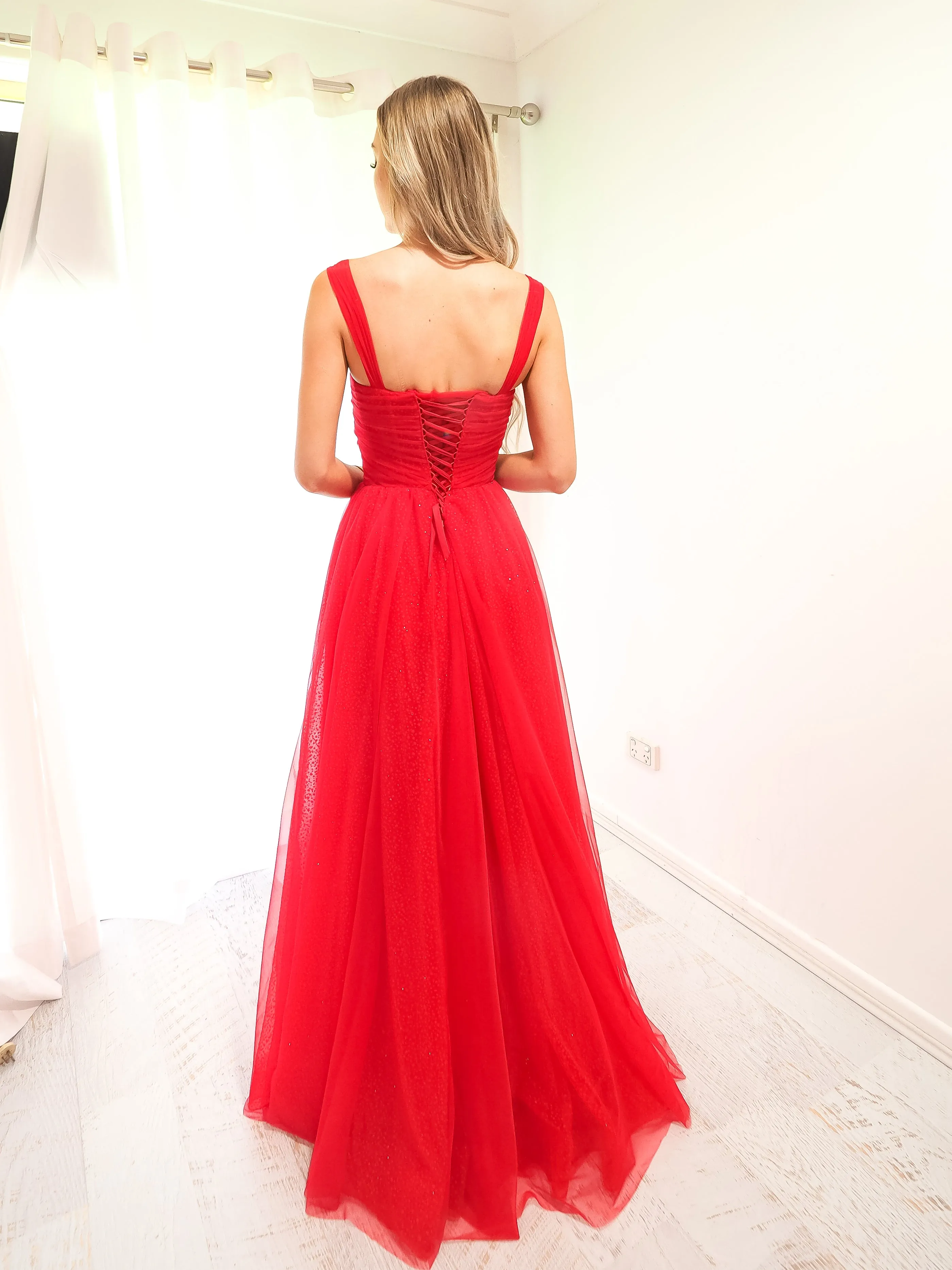 Red sparkling  tulle dress with hidden bustier bust