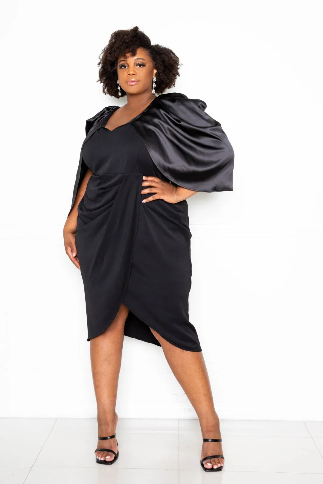 SATIN DRAPE SLEEVE TULIP DRESS