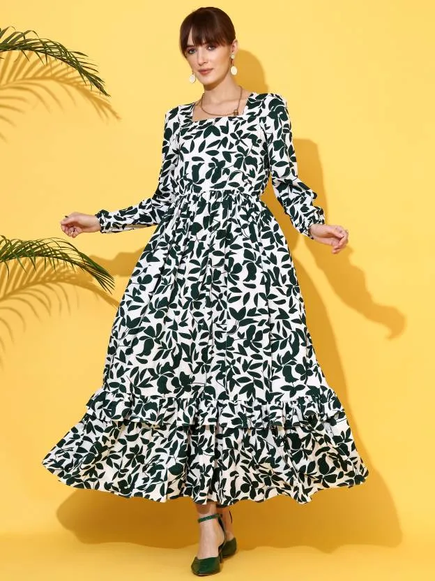 Serene White & Green Printed Maxi Dress