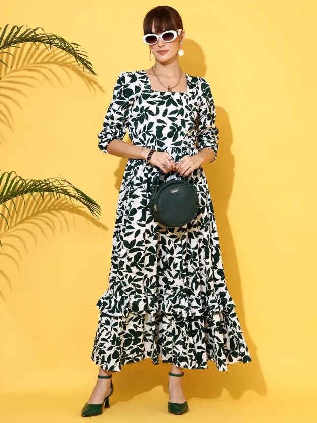 Serene White & Green Printed Maxi Dress