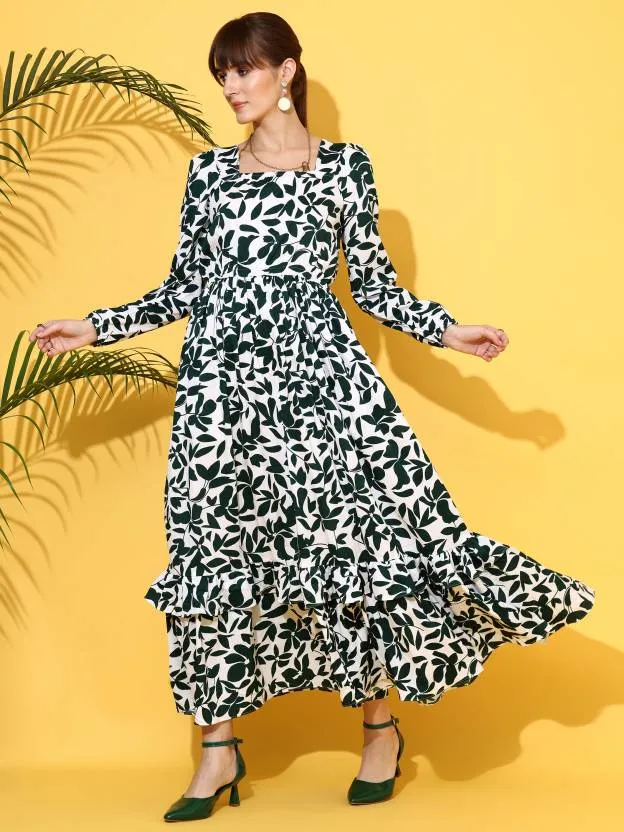 Serene White & Green Printed Maxi Dress
