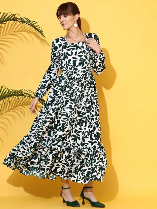 Serene White & Green Printed Maxi Dress