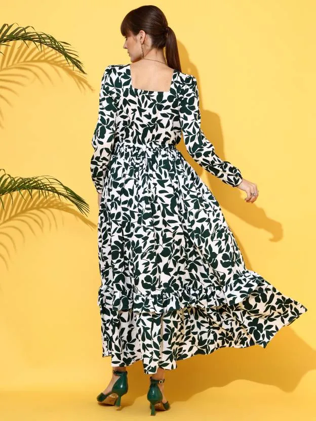 Serene White & Green Printed Maxi Dress