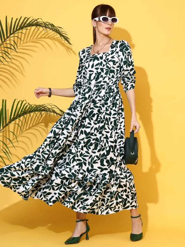 Serene White & Green Printed Maxi Dress