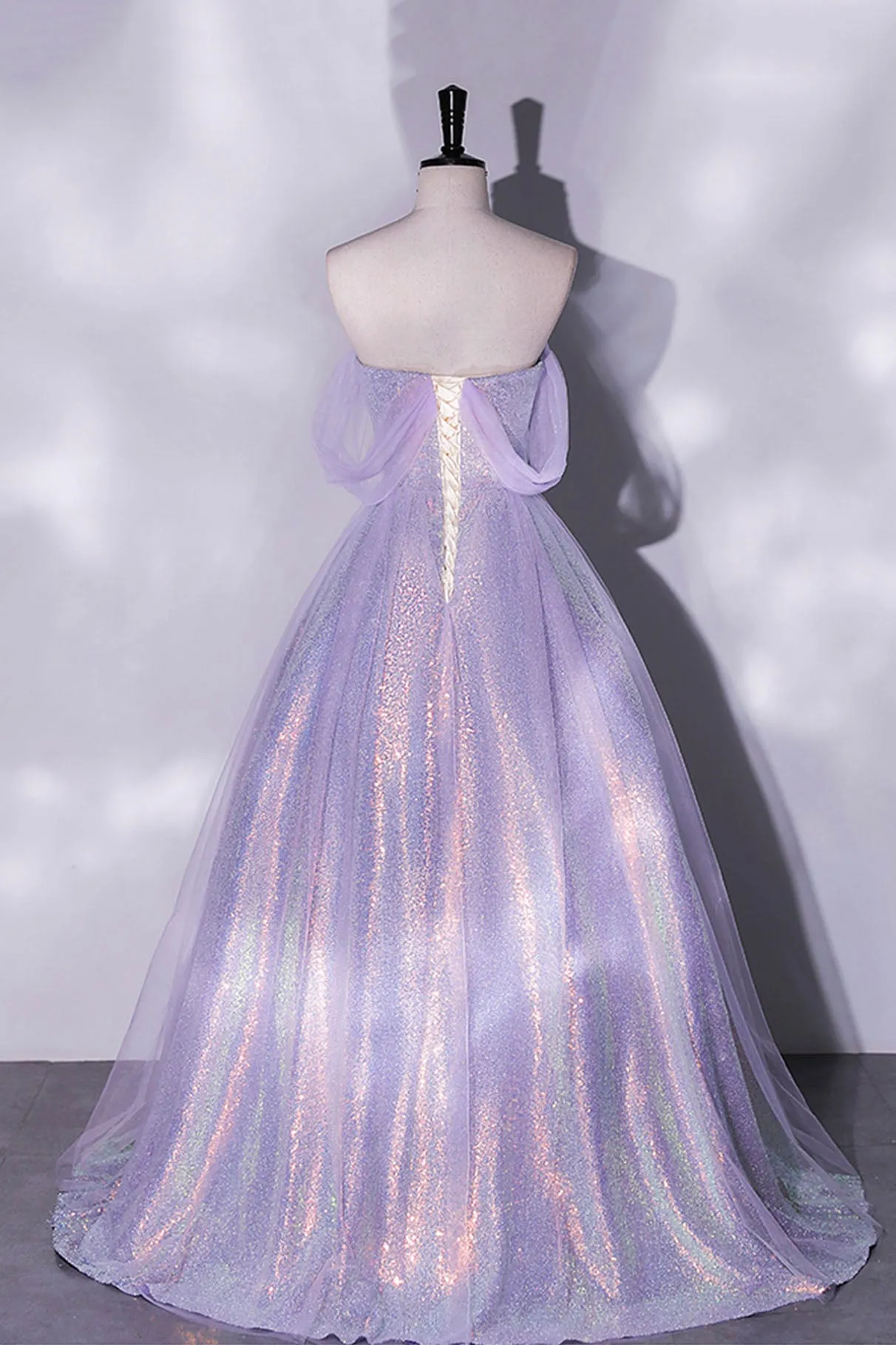 Shiny Tulle Sequins Long Prom Dress, Off the Shoulder Party Dress