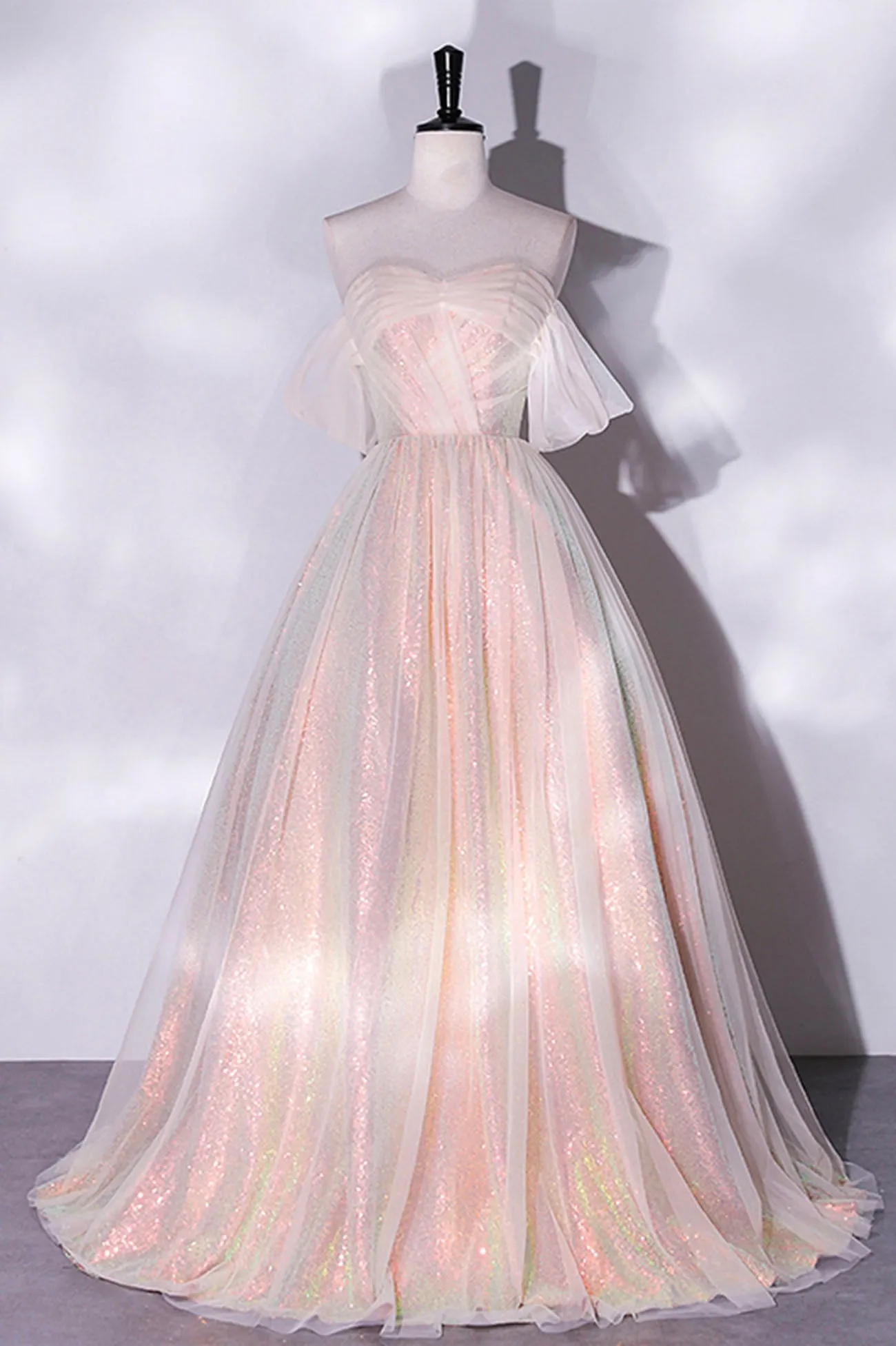 Shiny Tulle Sequins Long Prom Dress, Off the Shoulder Party Dress